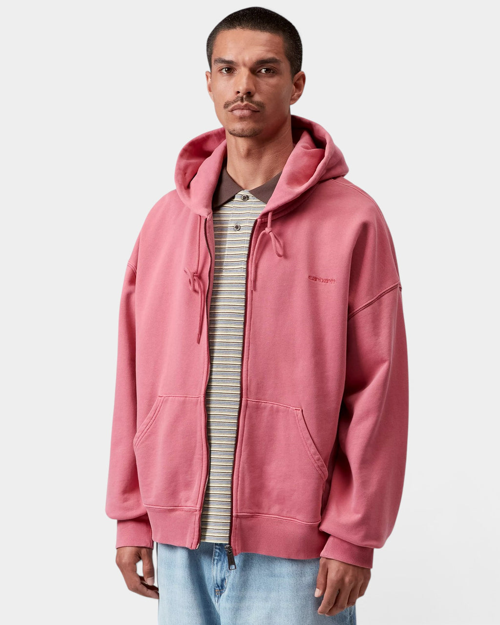 Lockwood Avenue Carhartt Hooded Benton jacket in dusty pink cotton jersey with full zip and embroidered chest logo