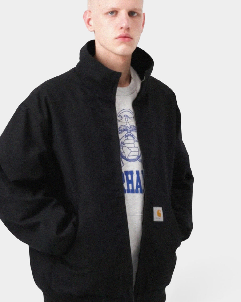 Lockwood Avenue Carhartt Ravon black heavyweight cotton canvas jacket with stand-up collar and square logo label