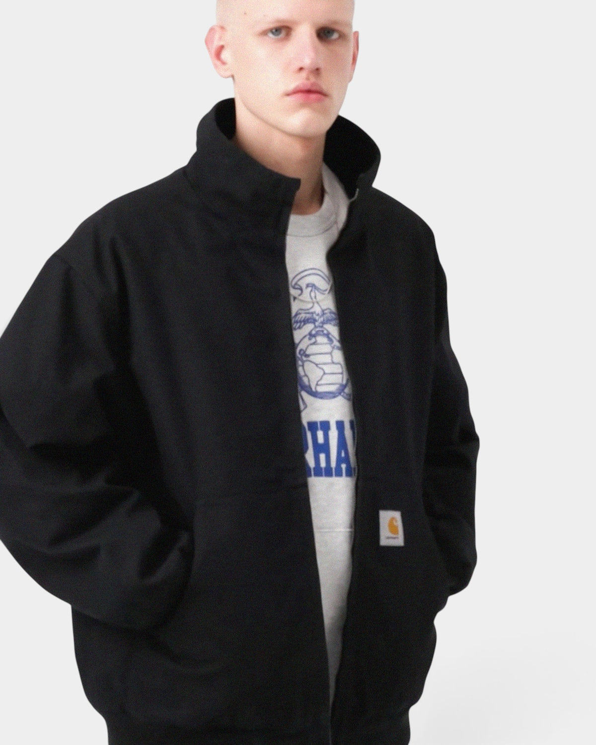Lockwood Avenue Carhartt Ravon black heavyweight cotton canvas jacket with stand-up collar and square logo label