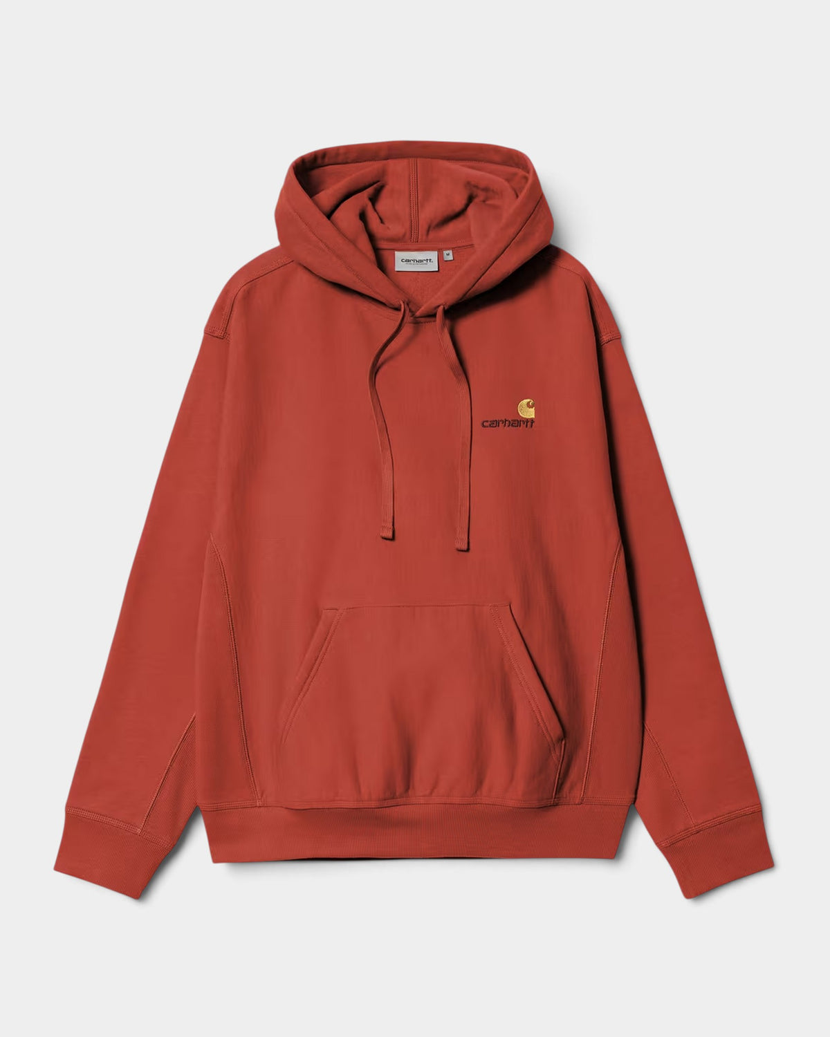 Lockwood Avenue Carhartt American Script hoodie in rust red cotton blend with embroidered chest logo and hood