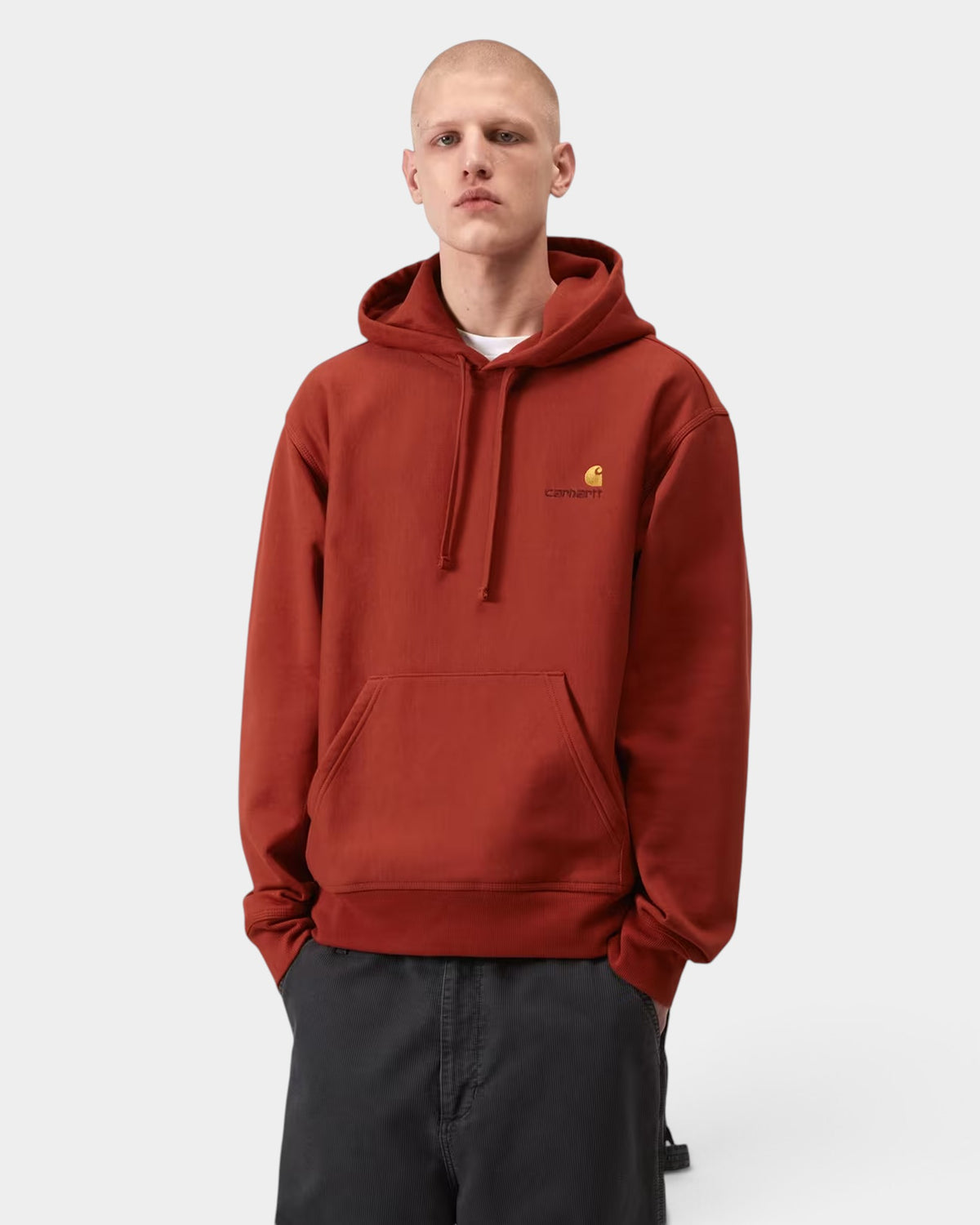 Lockwood Avenue Carhartt American Script hoodie in rust red cotton blend with embroidered chest logo and front pocket
