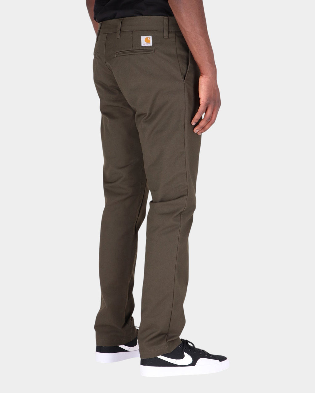 Lockwood Avenue Carhartt Sid slim tapered chinos in olive green cotton twill with back square logo label