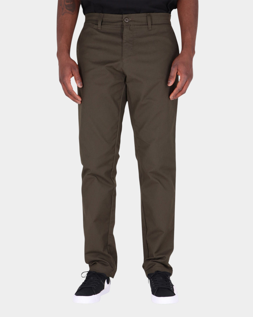 Lockwood Avenue Carhartt Sid slim tapered chinos in olive green cotton-polyester twill worn by a model