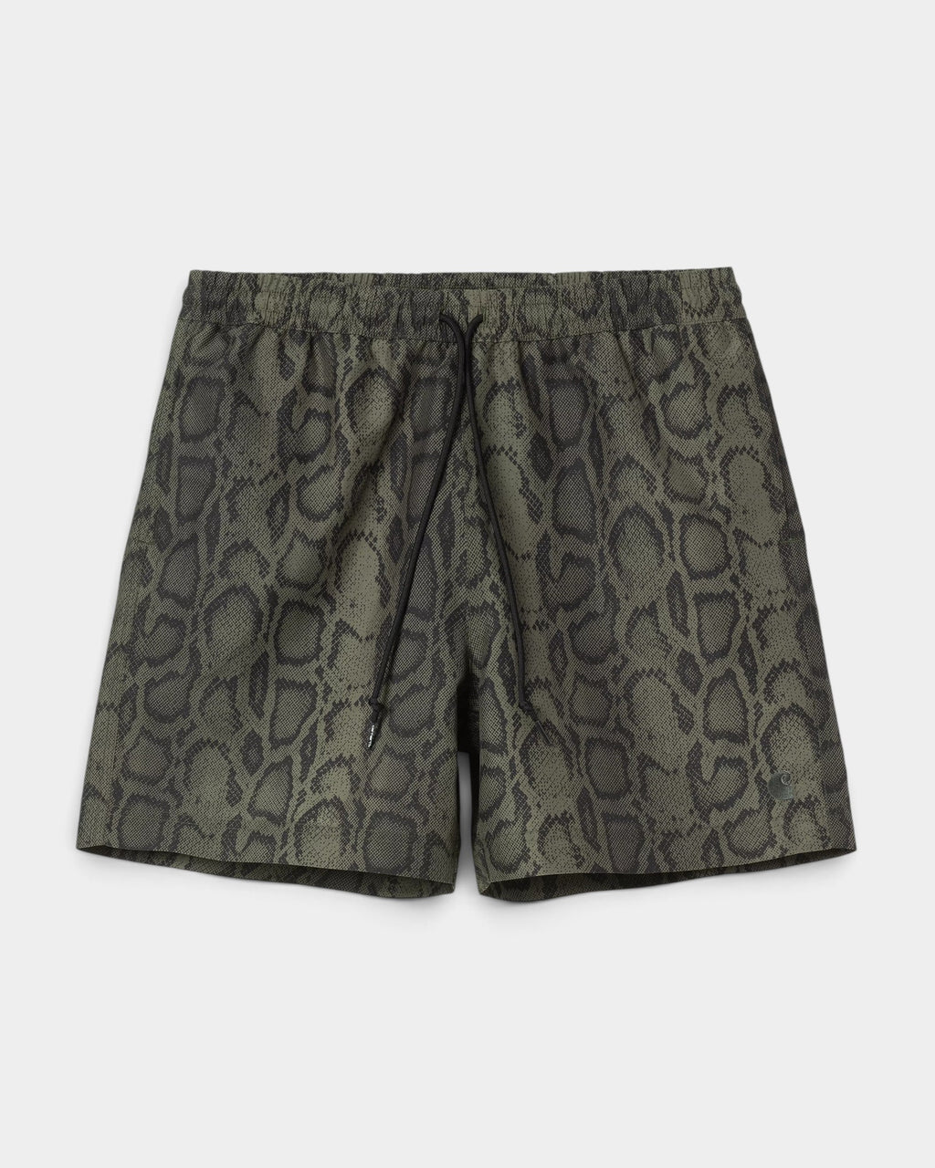 Lockwood Avenue Carhartt Slater swim shorts in olive green with a snakeskin graphic print and adjustable drawcord.