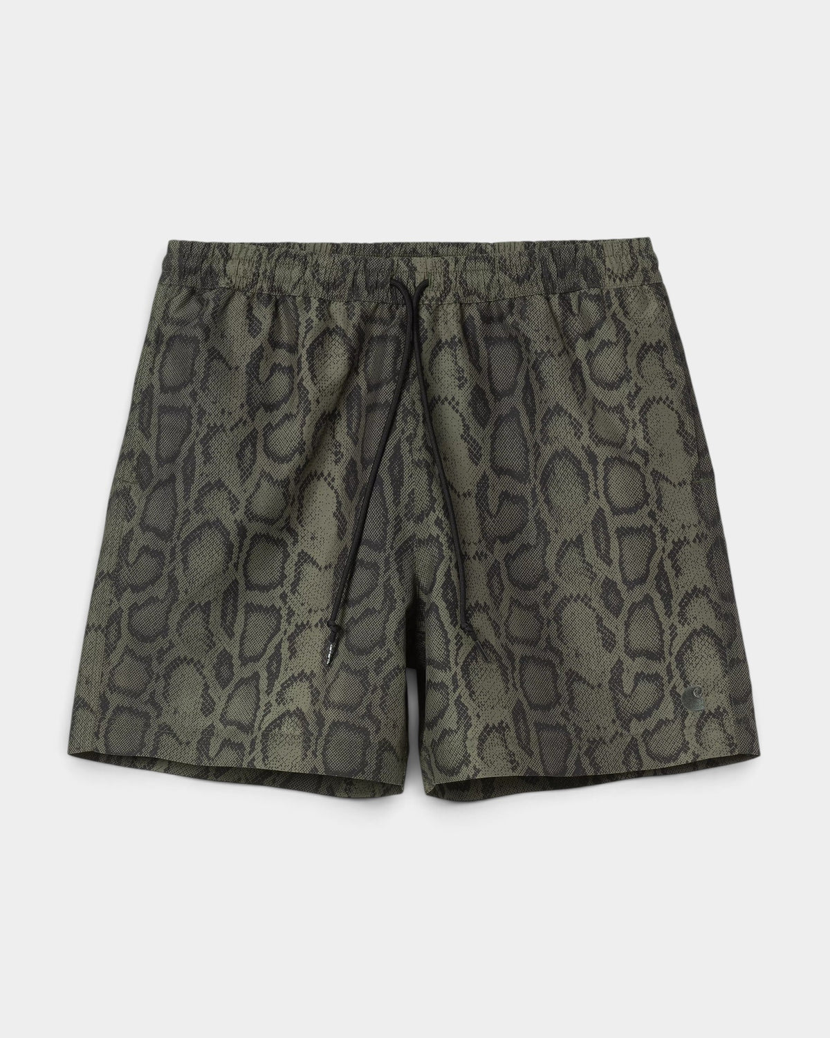 Lockwood Avenue Carhartt Slater swim shorts in olive green with a snakeskin graphic print and adjustable drawcord.