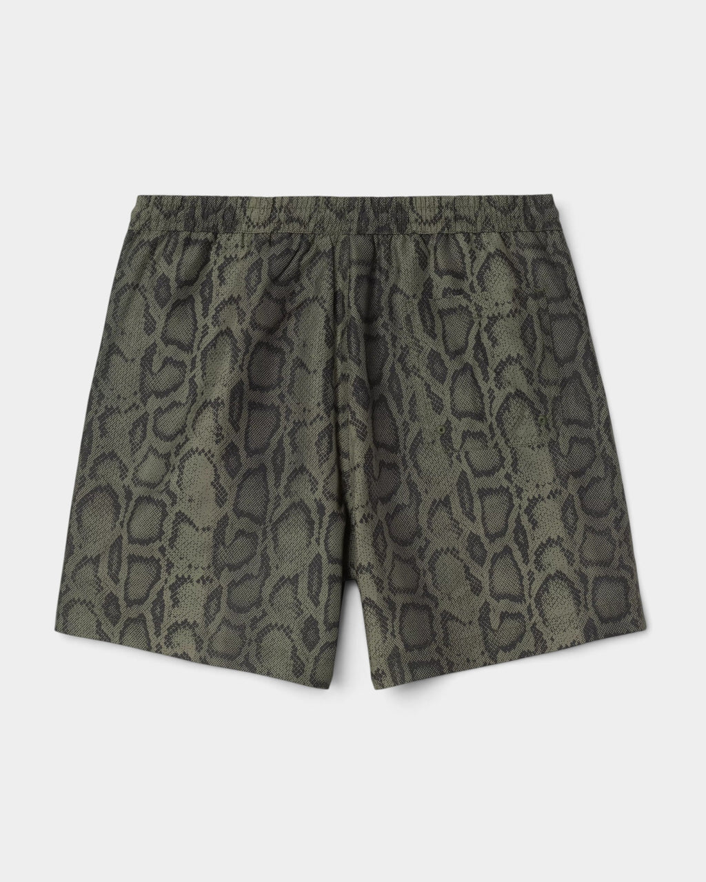 Lockwood Avenue Carhartt Slater swim shorts in olive green with a snakeskin graphic print and elastic waistband.