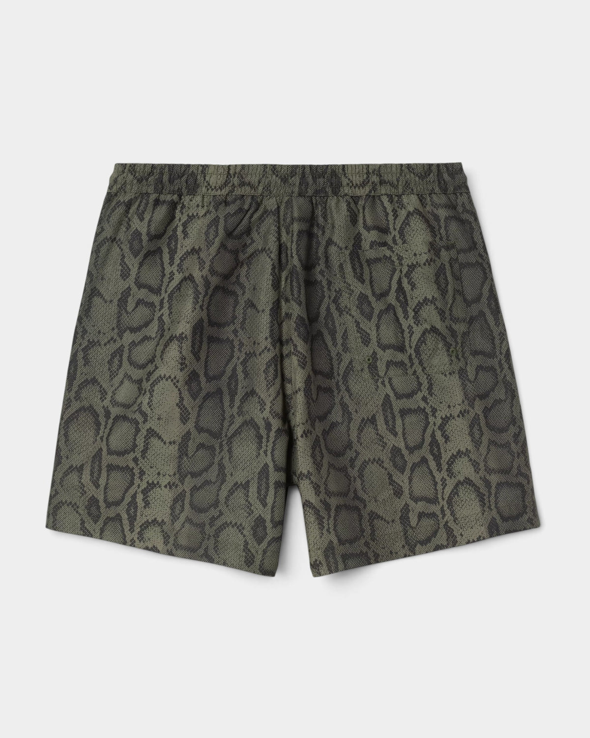 Lockwood Avenue Carhartt Slater swim shorts in olive green with a snakeskin graphic print and elastic waistband.