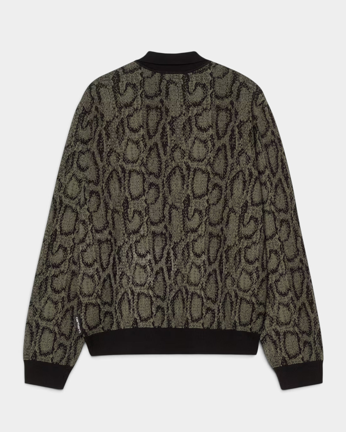 Lockwood Avenue Carhartt long-sleeve polo with black and olive green jacquard snake motif and solid black trim