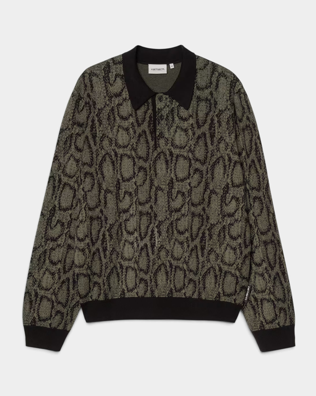 Lockwood Avenue Carhartt long-sleeve polo shirt in olive and black snake jacquard knit with a contrasting collar.