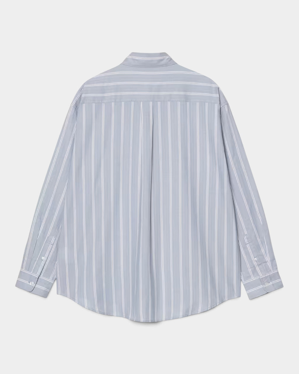 Back view of Lockwood Avenue Carhartt long-sleeve Beale shirt in light blue dobby cotton with vertical white stripes.