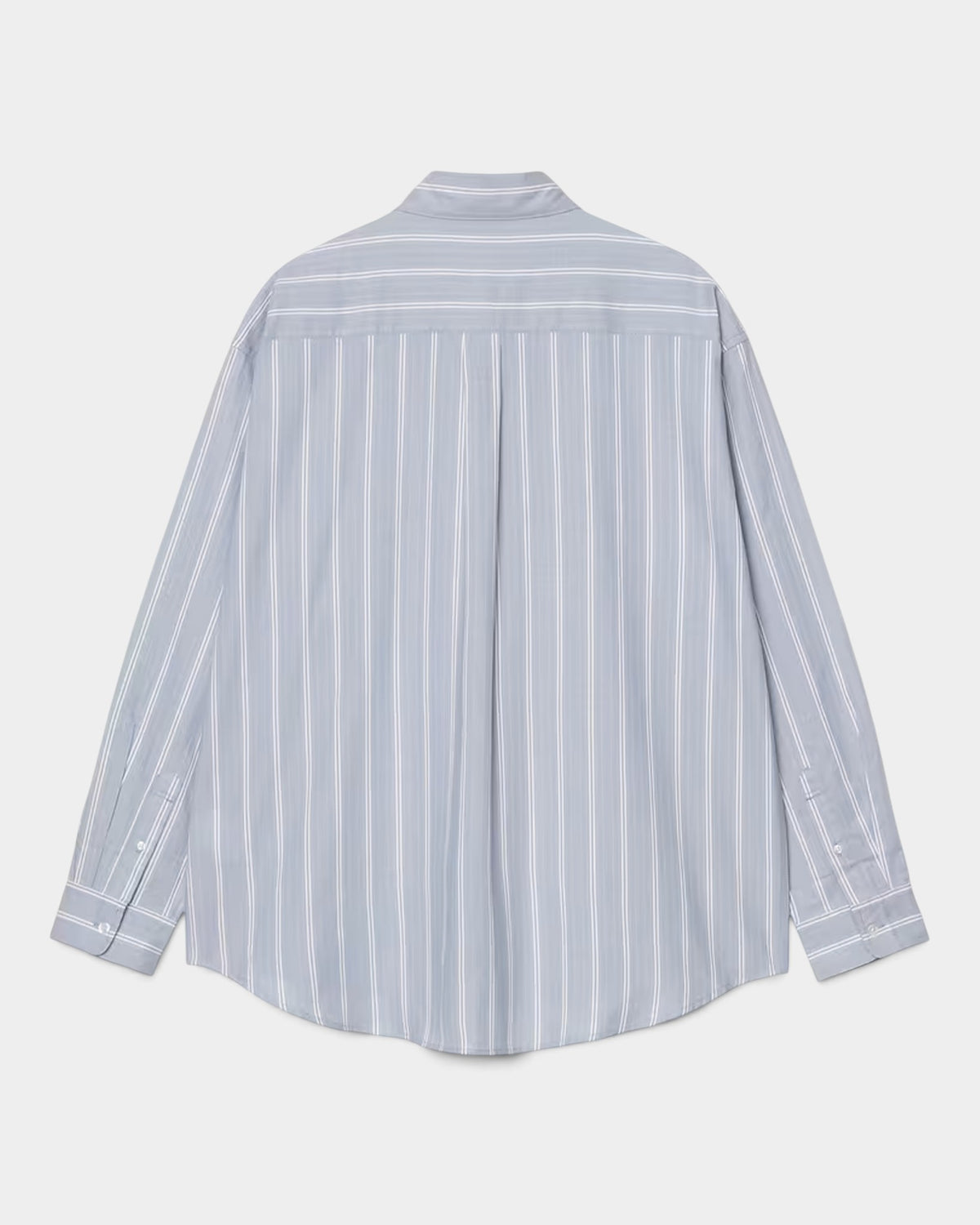 Back view of Lockwood Avenue Carhartt long-sleeve Beale shirt in light blue dobby cotton with vertical white stripes.