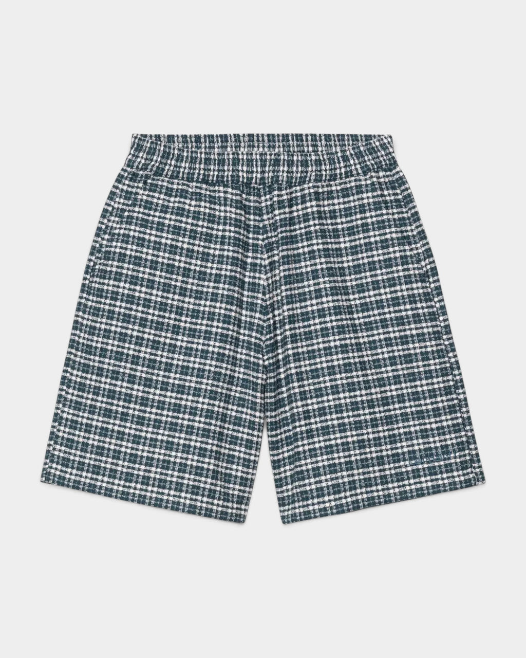Lockwood Avenue Carhartt Kander shorts in green and white textured waffle cotton with an elastic drawstring waist.