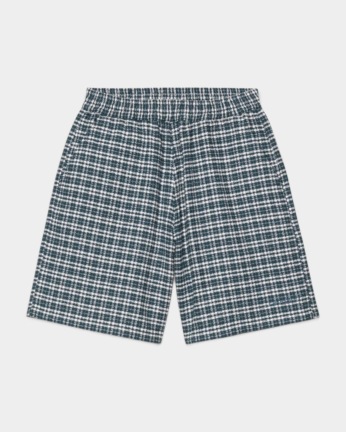 Lockwood Avenue Carhartt Kander shorts in green and white textured waffle cotton with an elastic drawstring waist.