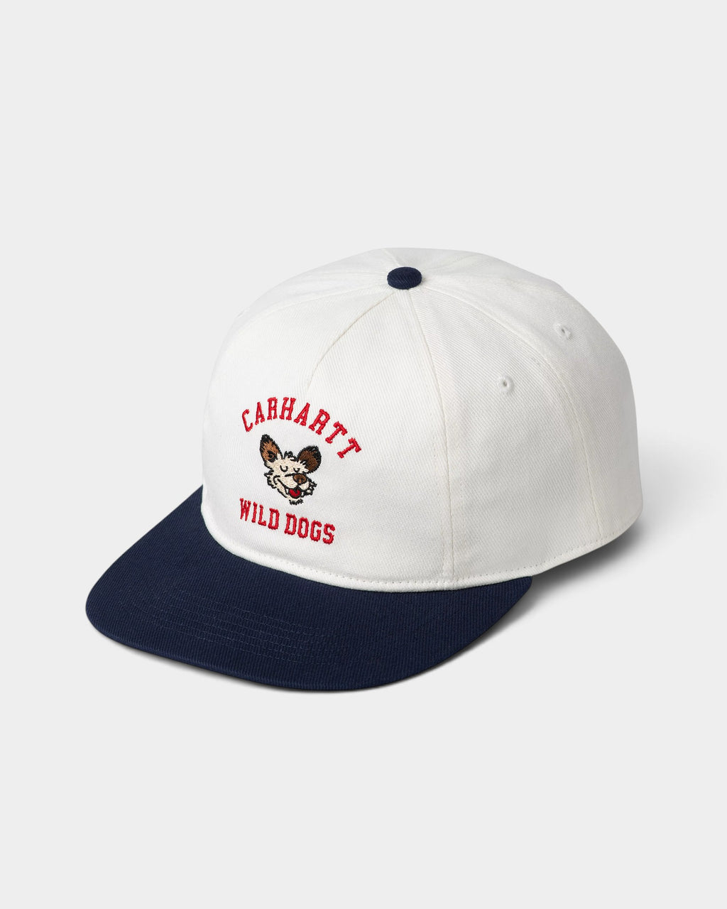 Lockwood Avenue Carhartt Wild Dog cap in white cotton twill with navy brim and embroidered graphic logo