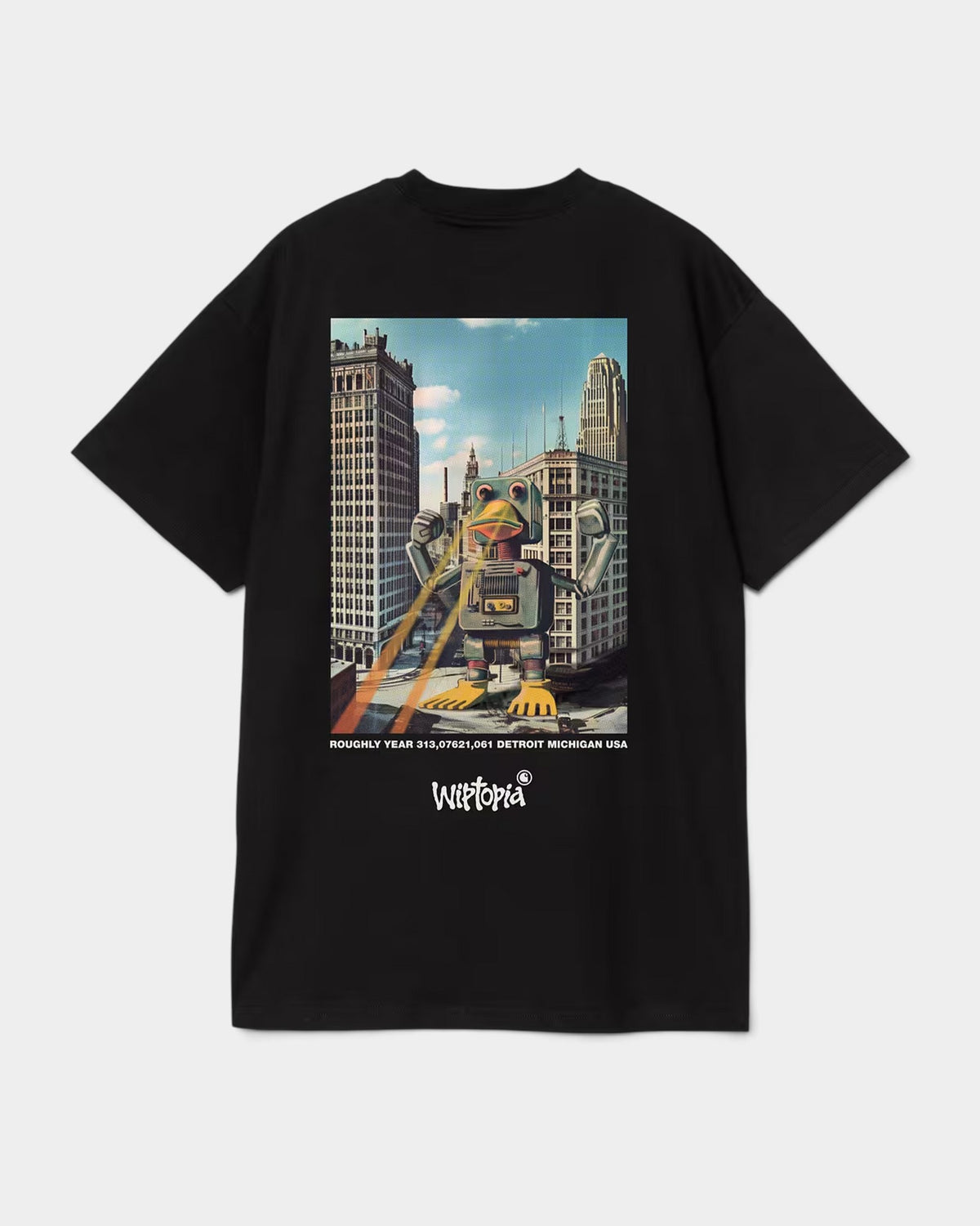 Lockwood Avenue Carhartt WIP black organic cotton t-shirt featuring a large colorful robot graphic on the back