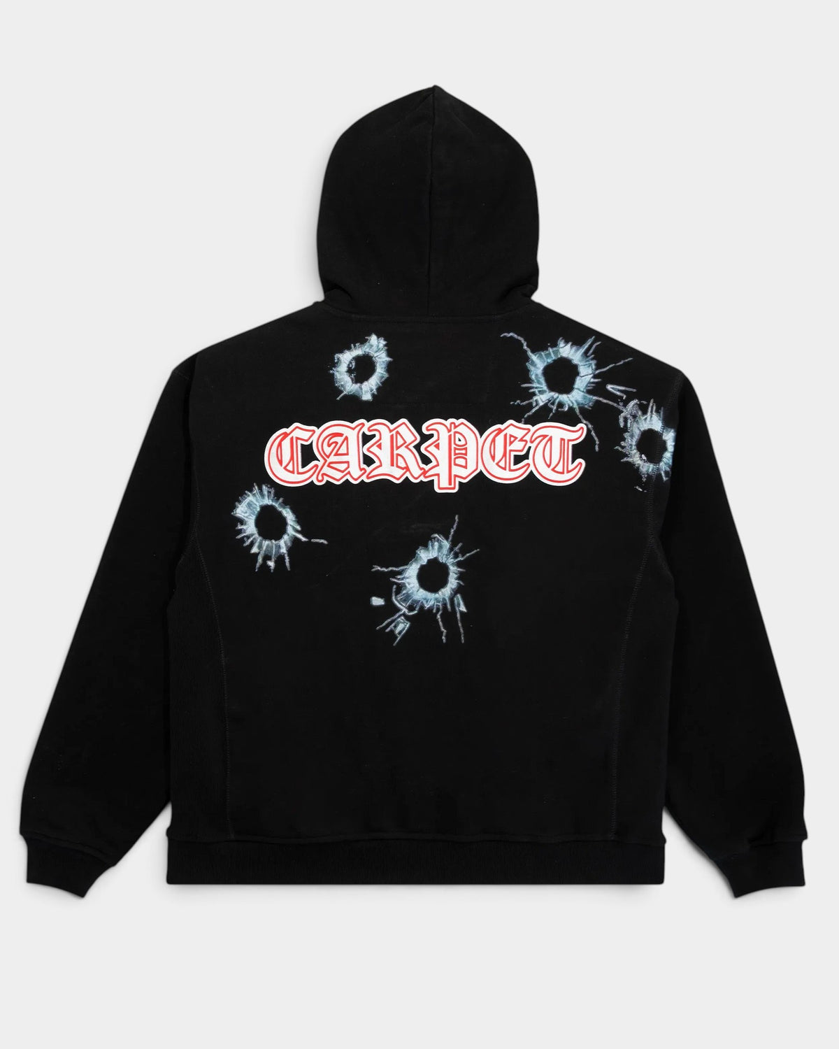 Lockwood Avenue Carpet Company black zip-up hoodie featuring white and red Body Count bullet hole graphic print.