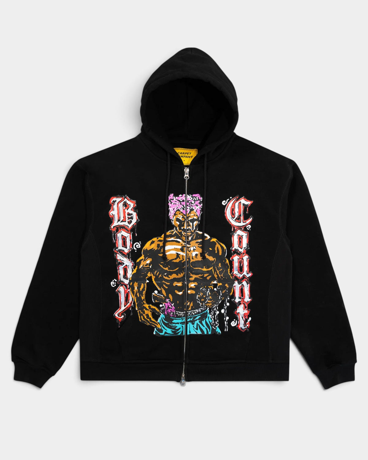 Lockwood Avenue Carpet Company black zip-up hoodie featuring a graphic Body Count print on the front