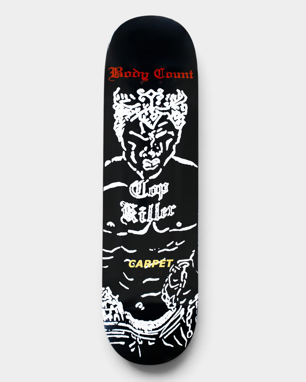 Lockwood Avenue Carpet Company x Body Count 8.375 inch skateboard deck with hand-screened black and white graphic