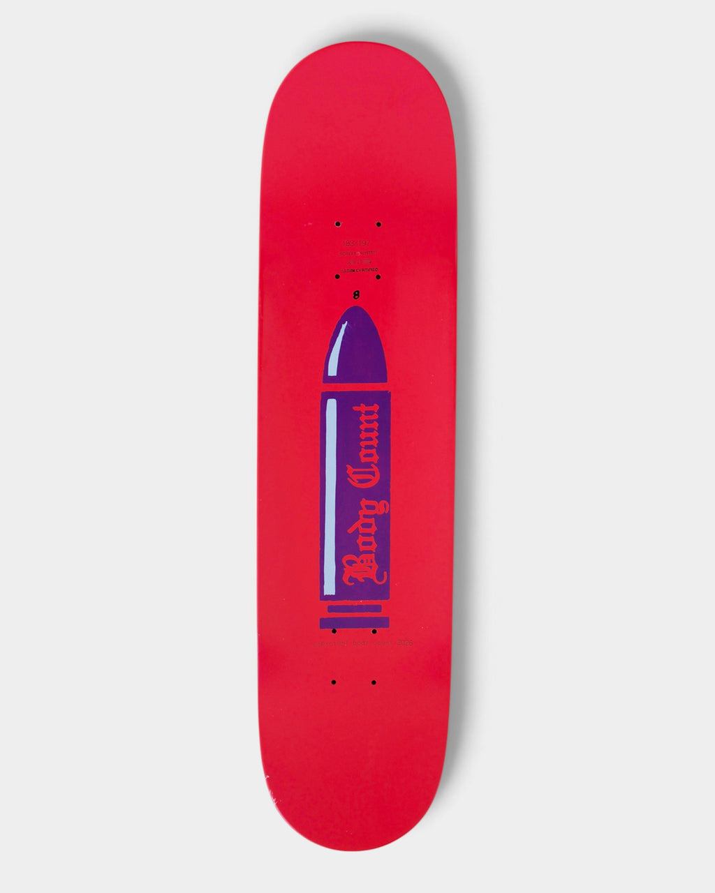 Lockwood Avenue Carpet Company x Body Count 8.375 inch skateboard deck with red finish and purple bullet graphic