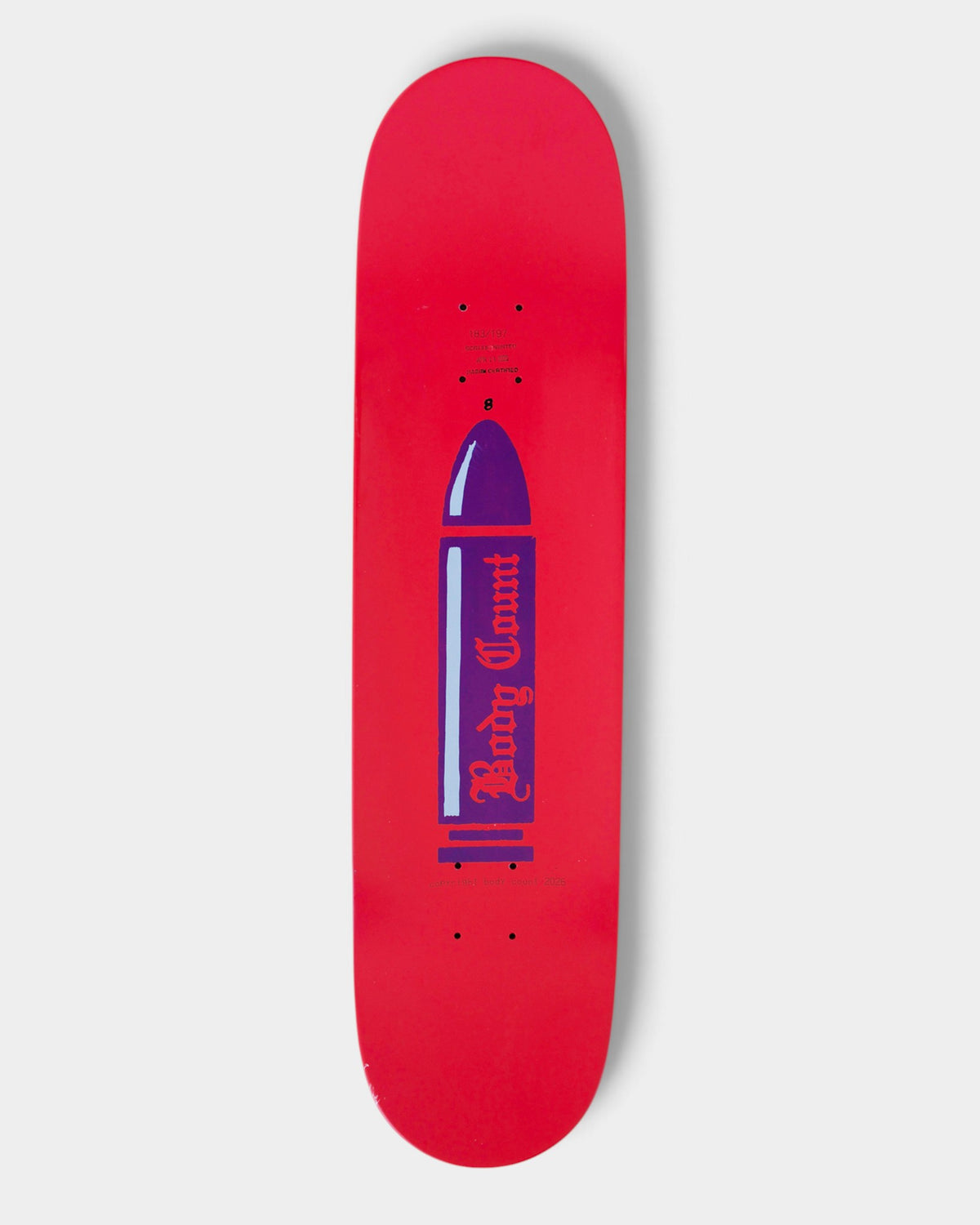 Lockwood Avenue Carpet Company x Body Count 8.375 inch skateboard deck with red finish and purple bullet graphic