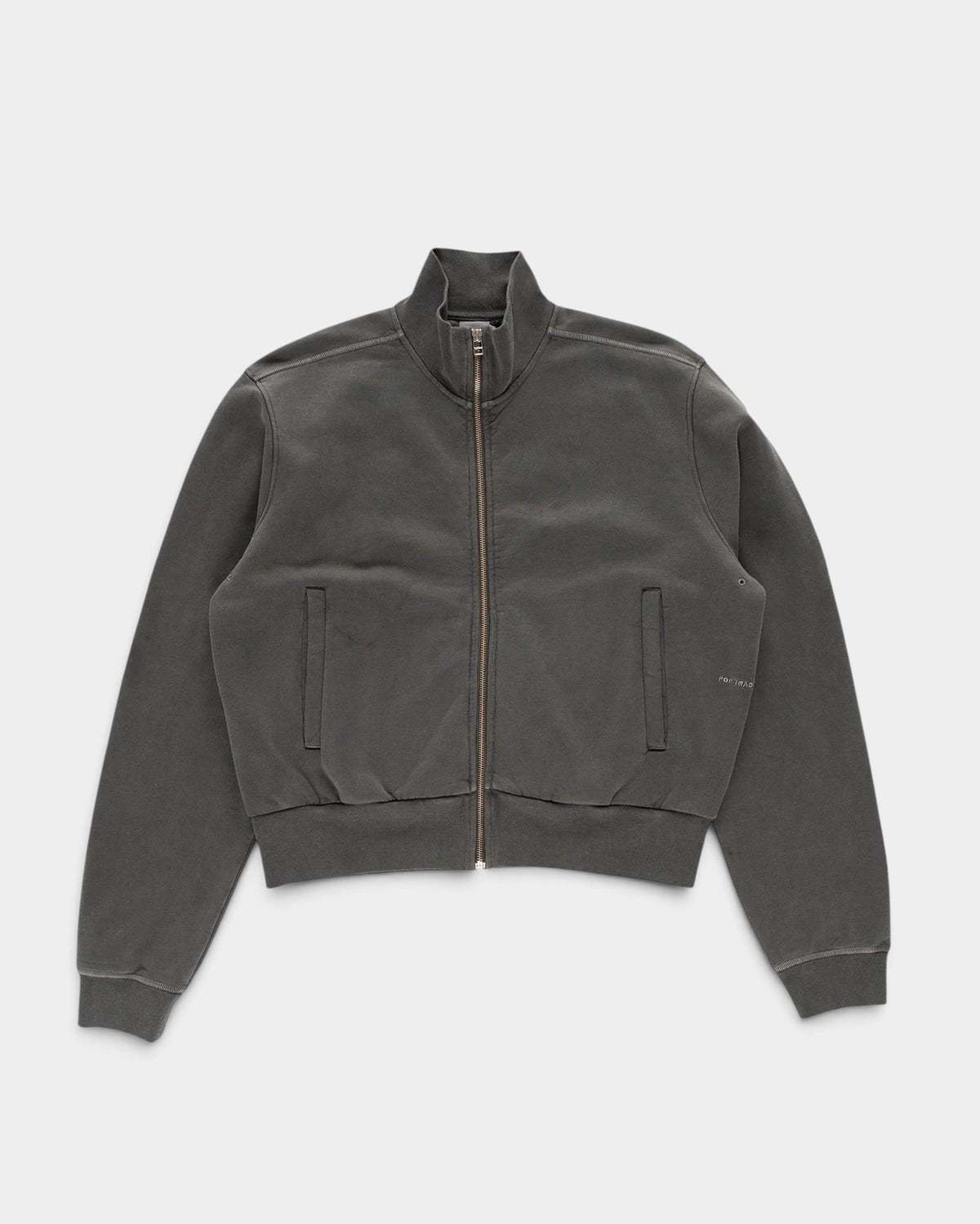 Lockwood Avenue Pop Trading Company charcoal grey garment-dyed cotton full-zip sweatshirt with silver metal zipper