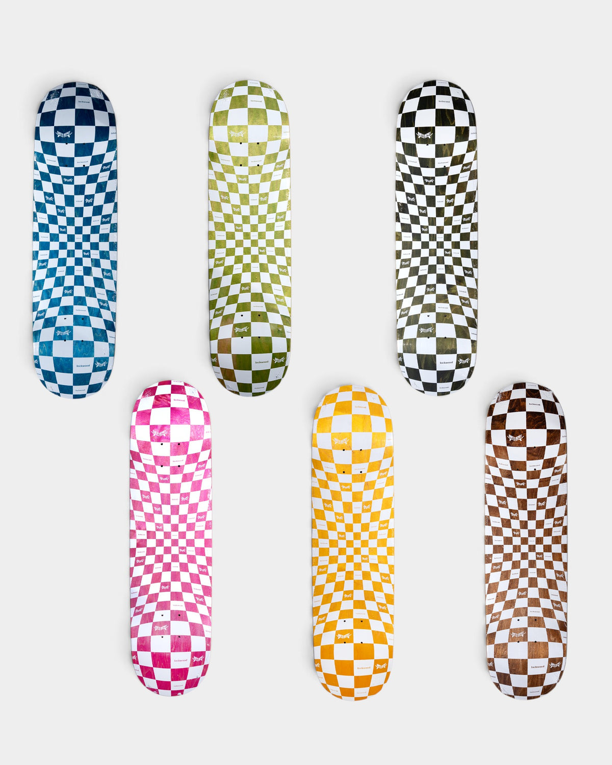 Lockwood Avenue checkered woodgrain skateboard decks in various colors including blue, green, black, pink, yellow, and brown.