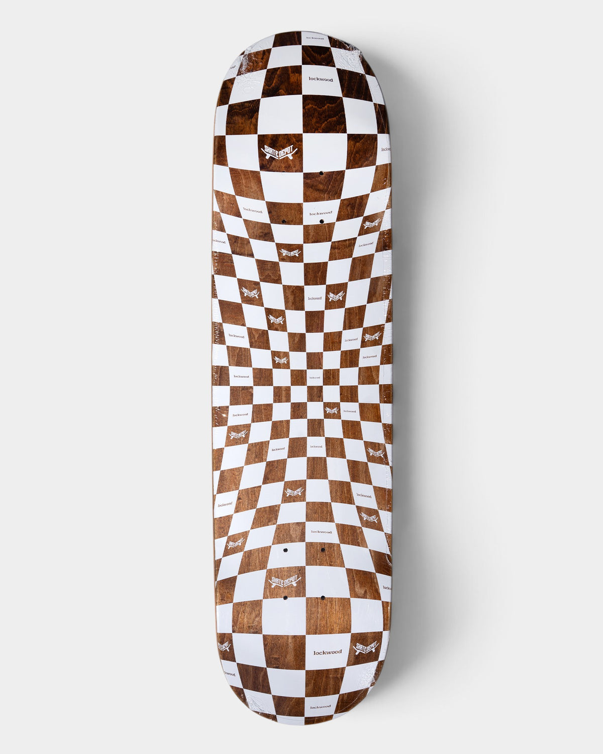 Lockwood Avenue 8.25 inch skateboard deck featuring a brown and white warped checkered woodgrain pattern.