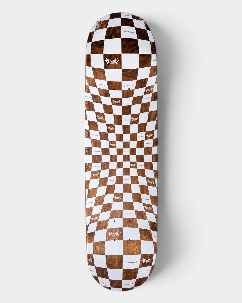 Lockwood Avenue 8-inch skateboard deck featuring a brown and white checkered woodgrain pattern with logo details.