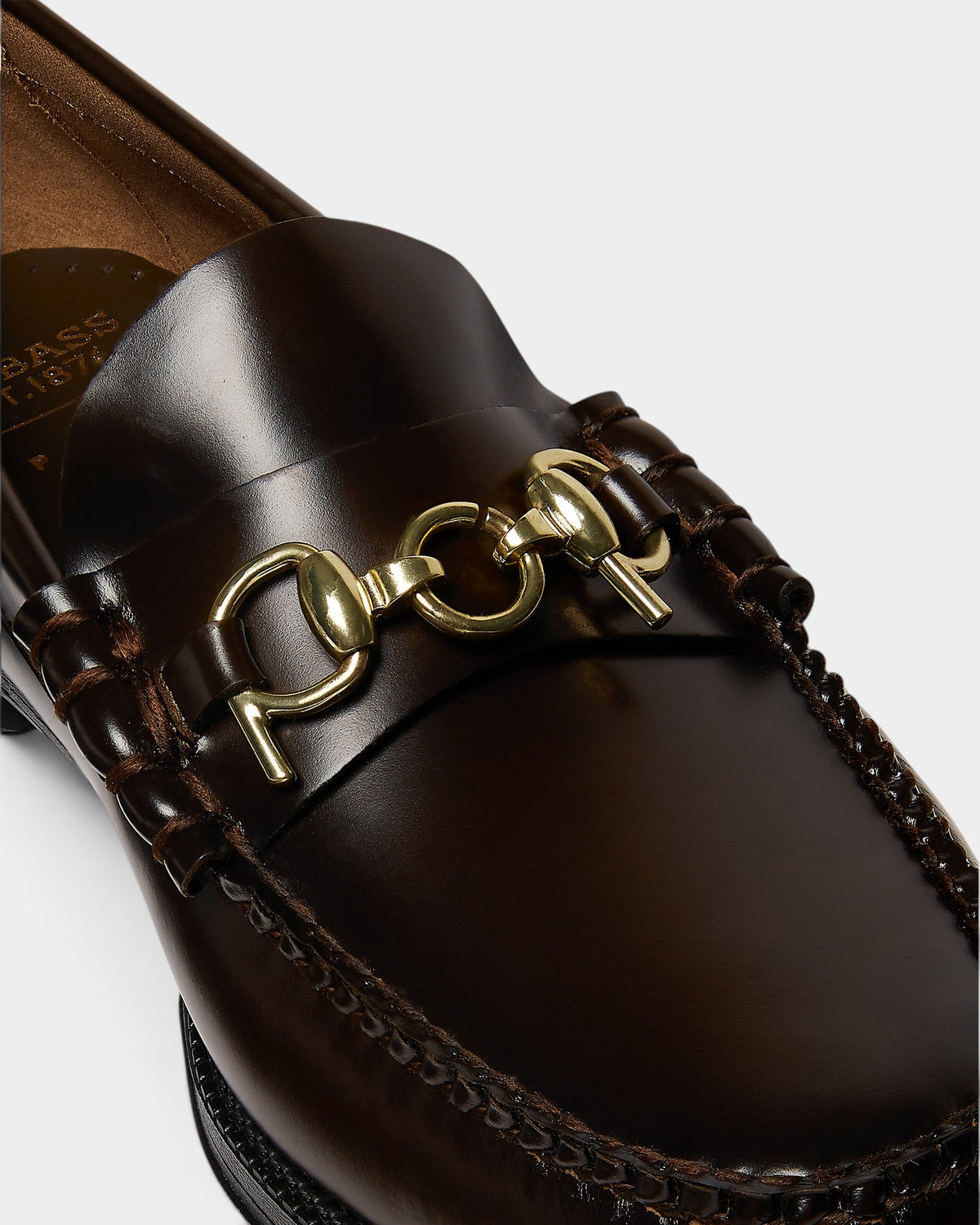 Lockwood Avenue G.H. Bass x Pop Easy Weejuns Lincoln loafers in chocolate leather with gold horsebit hardware.