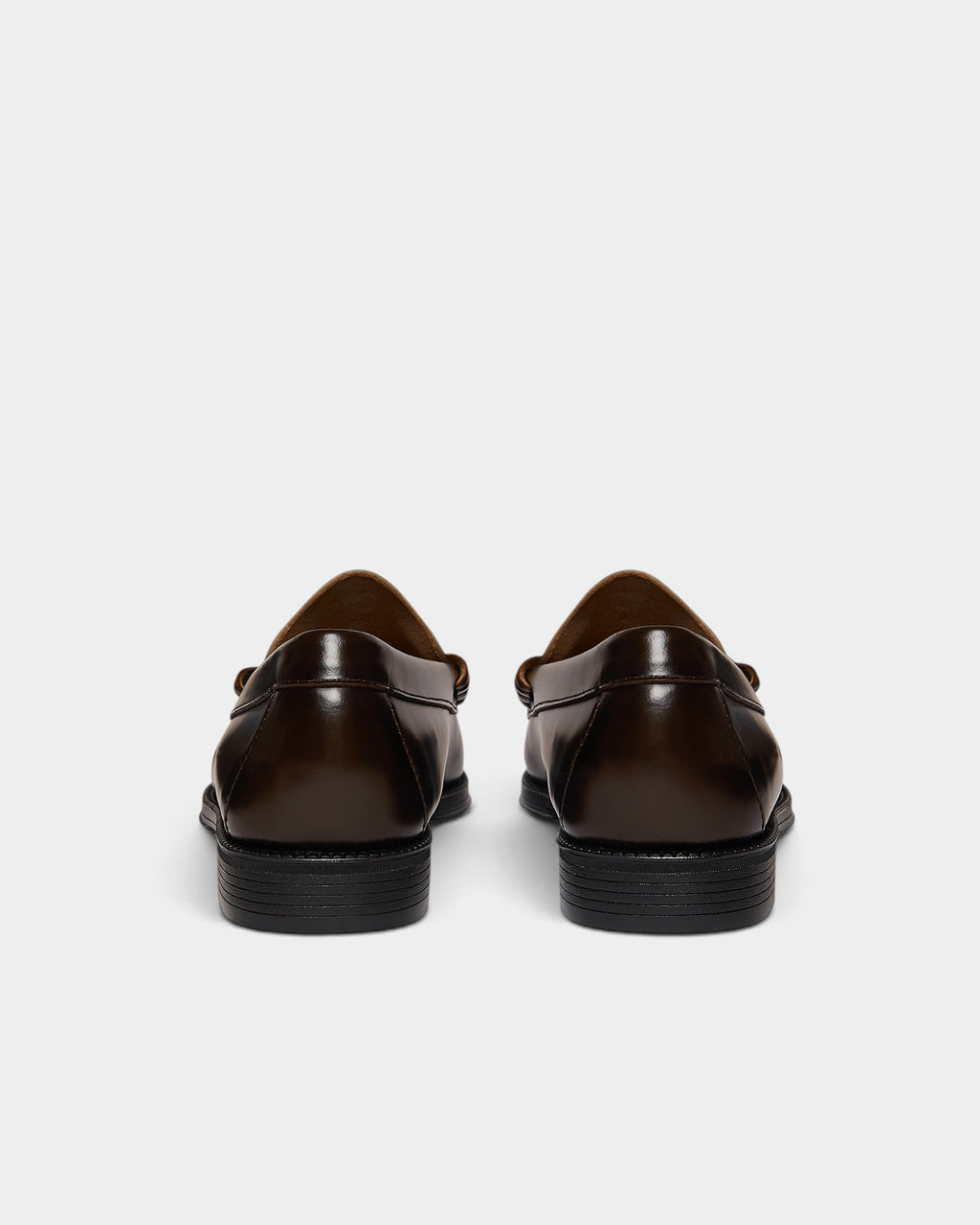 Lockwood Avenue G.H. Bass x Pop Easy Weejuns Lincoln loafers in chocolate leather, back view showing rubber soles.