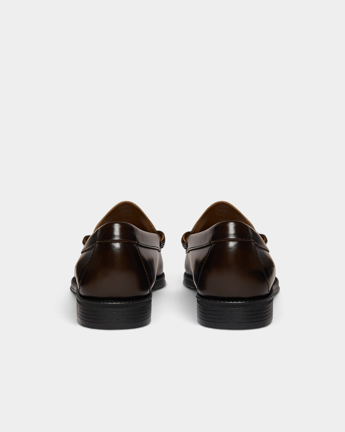 Lockwood Avenue G.H. Bass x Pop Easy Weejuns Lincoln loafers in chocolate leather, back view showing rubber soles.