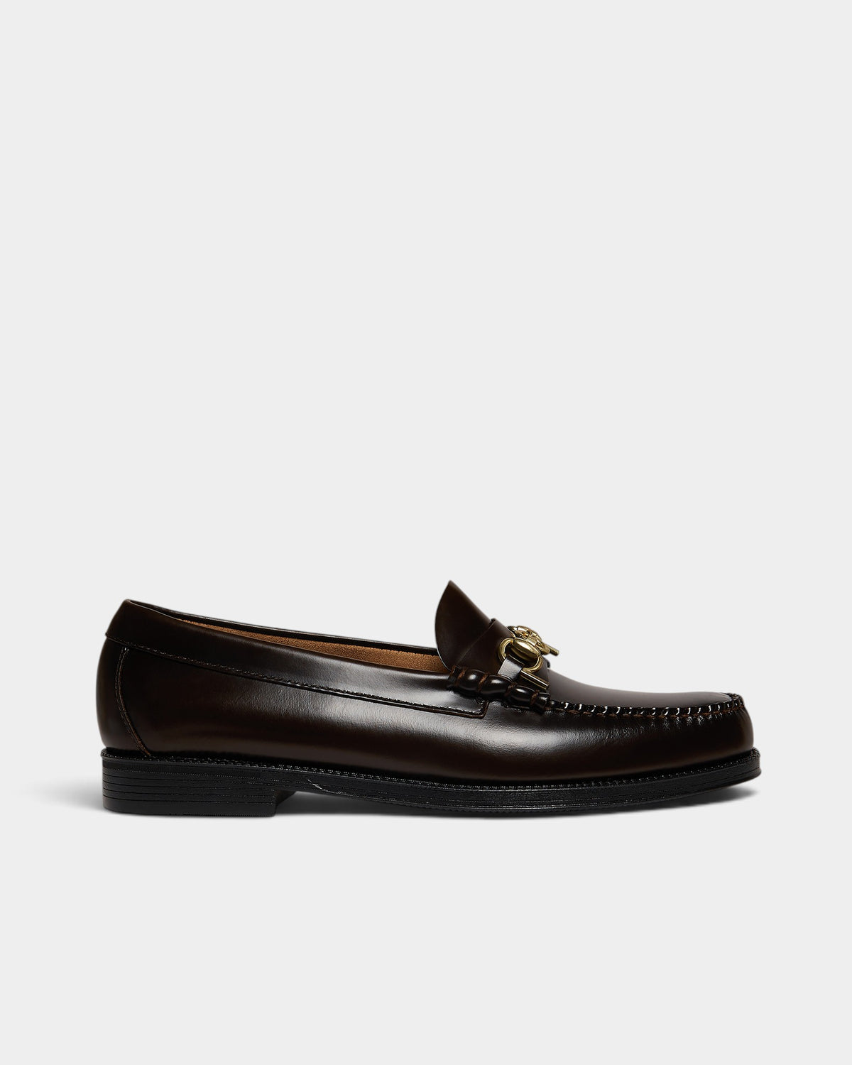 Lockwood Avenue G.H. Bass x Pop Easy Weejuns Lincoln loafers in chocolate leather with gold horsebit hardware.