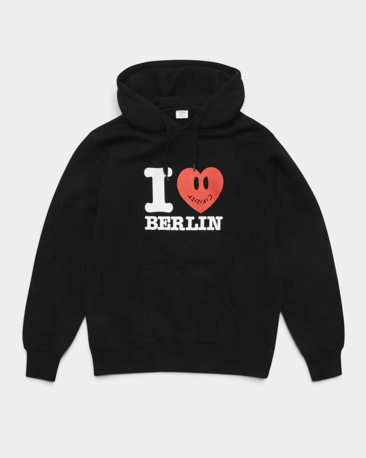 Lockwood Avenue Civilist black heavyweight cotton hoodie featuring a red I Love Berlin graphic on the chest.