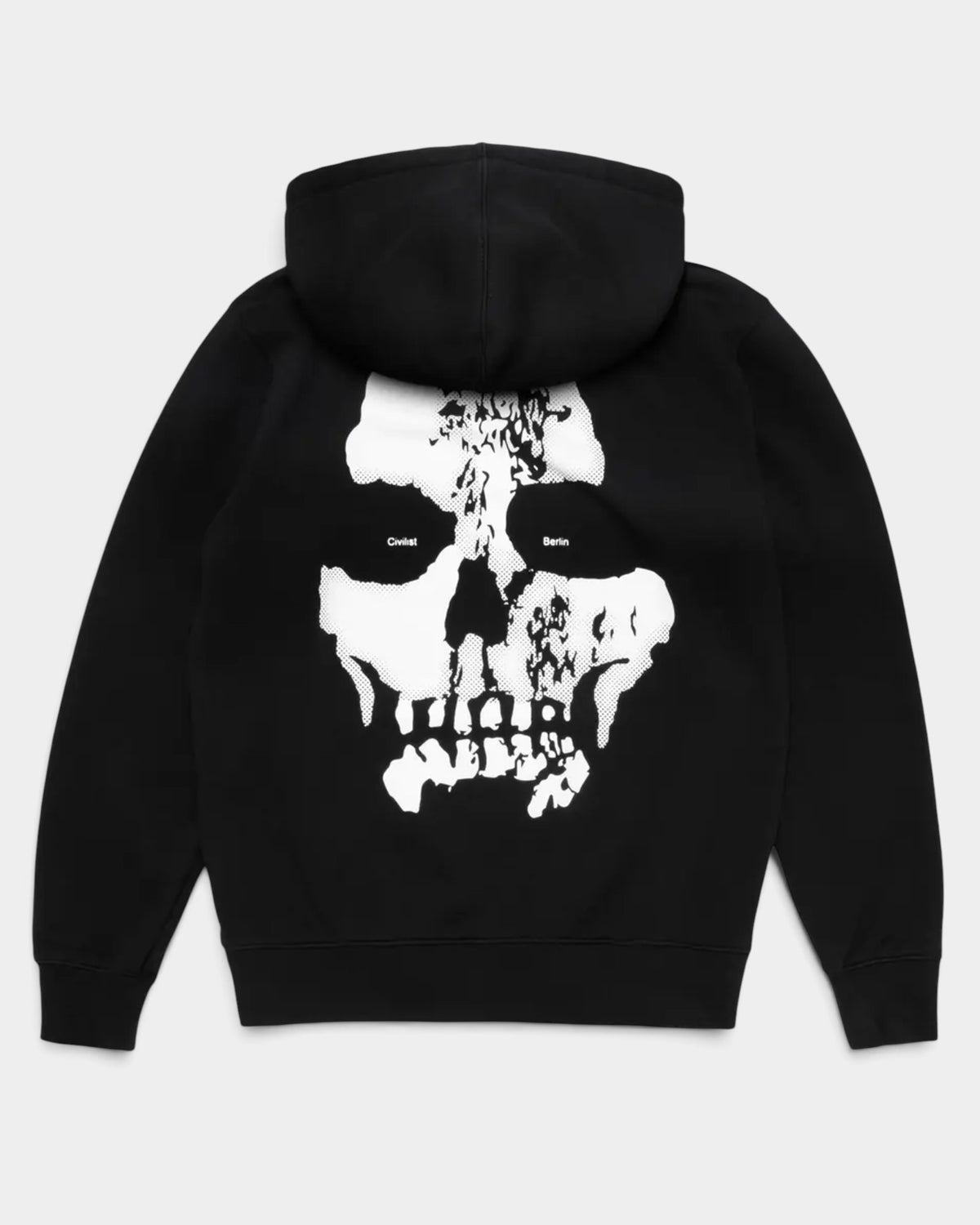 Lockwood Avenue Civilist black heavyweight cotton fleece hoodie featuring a large white skull graphic on the back.