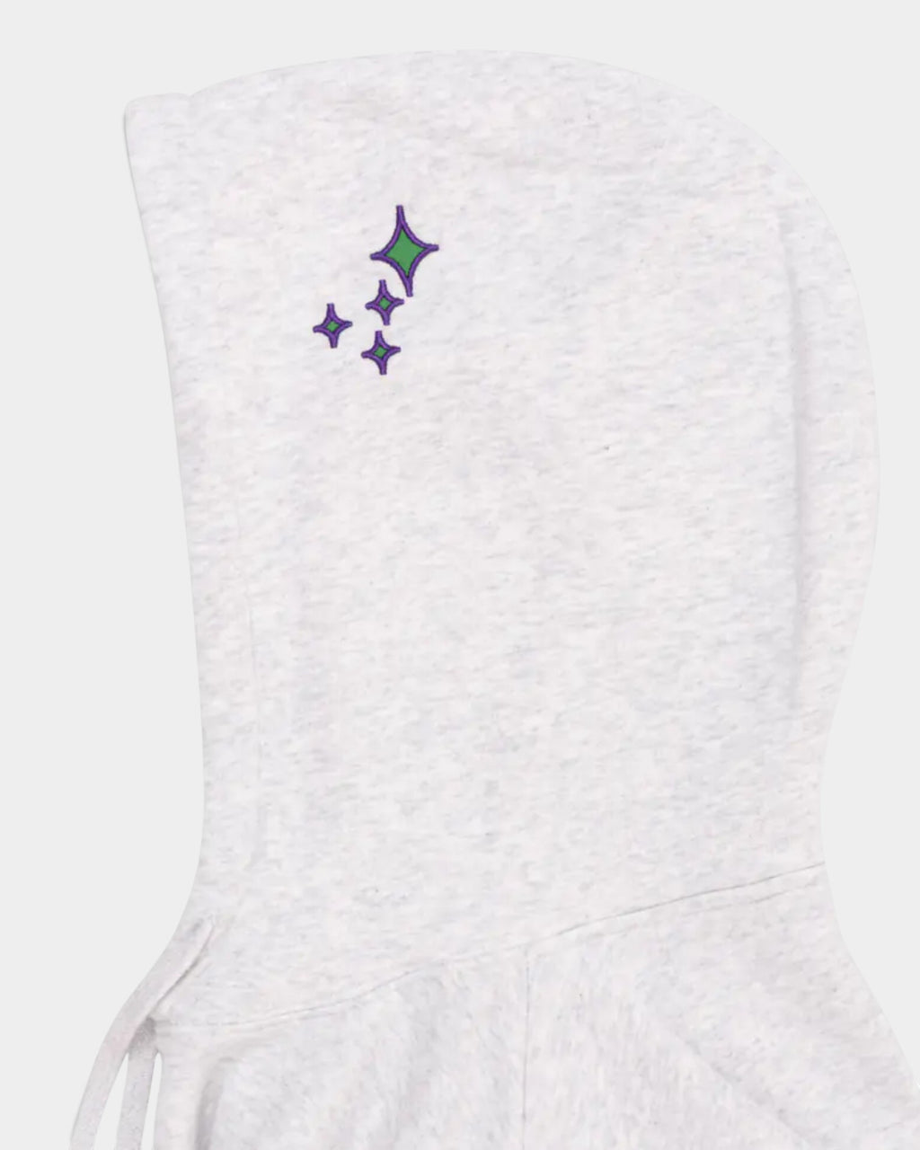 Lockwood Avenue Civilist Spike hoodie in light grey cotton fleece with green and purple star embroidery on the hood