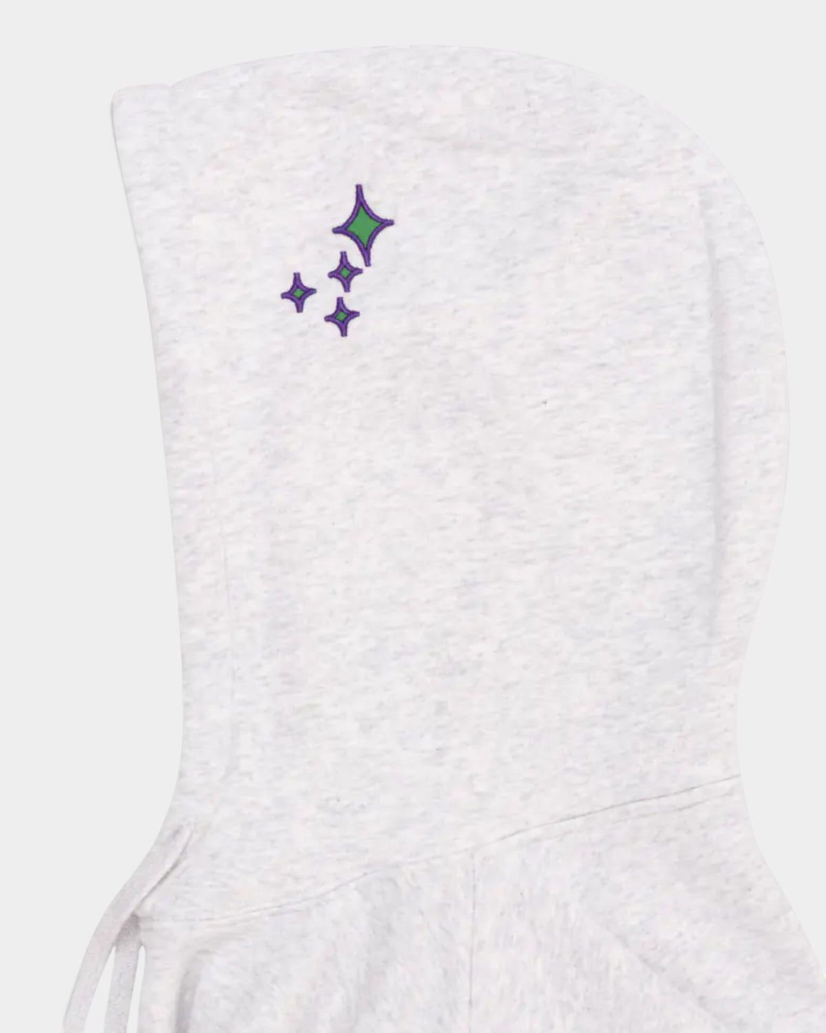 Lockwood Avenue Civilist Spike hoodie in light grey cotton fleece with green and purple star embroidery on the hood