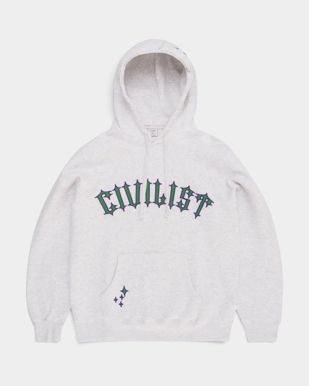 Lockwood Avenue Civilist Spike hoodie in grey marl cotton fleece with green and purple appliqué graphic details.