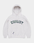 Lockwood Avenue Civilist Spike hoodie in grey marl cotton fleece with green and purple appliqué graphic details.