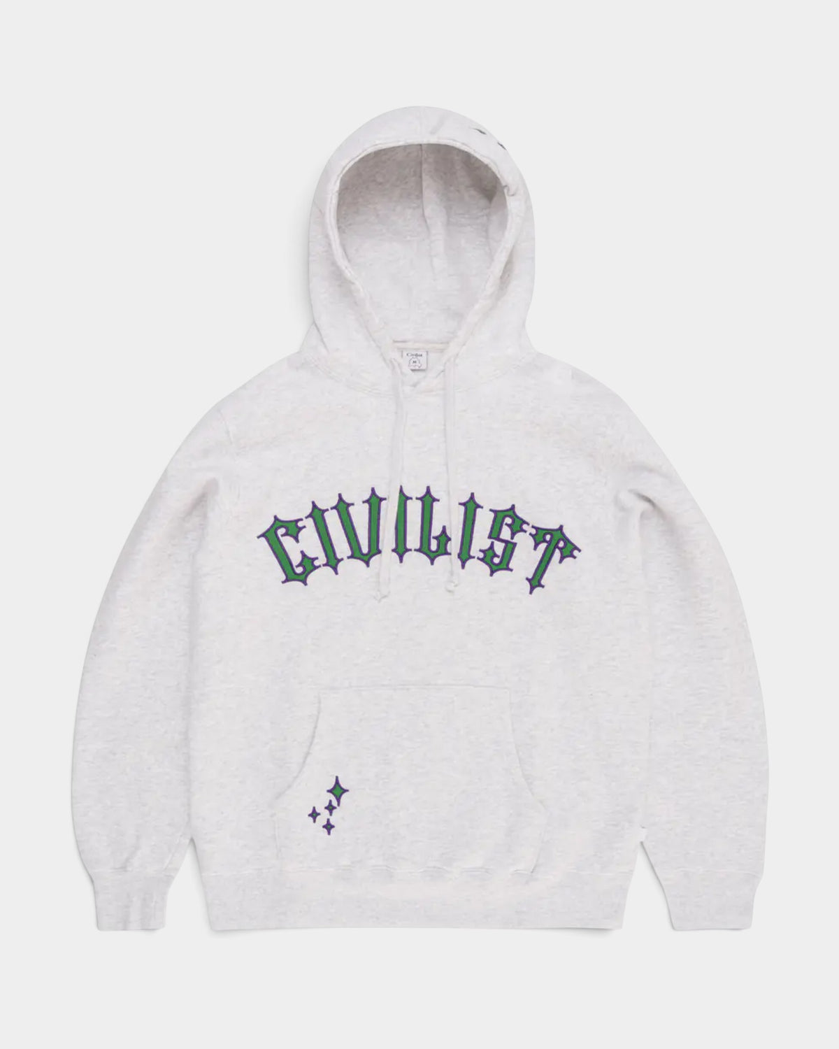 Lockwood Avenue Civilist Spike hoodie in grey marl cotton fleece with green and purple appliqué graphic details.