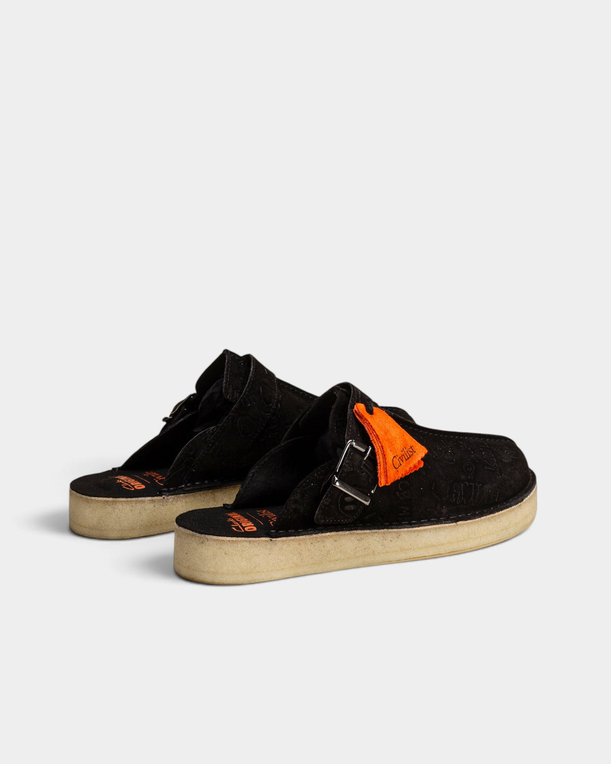 Lockwood Avenue Clarks Originals x Civilist black suede Trek Mule slip-on shoes with debossed logos and orange fob