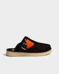 Lockwood Avenue Clarks Originals x Civilist black suede Trek Mule with debossed graphics, buckle, and orange fob.
