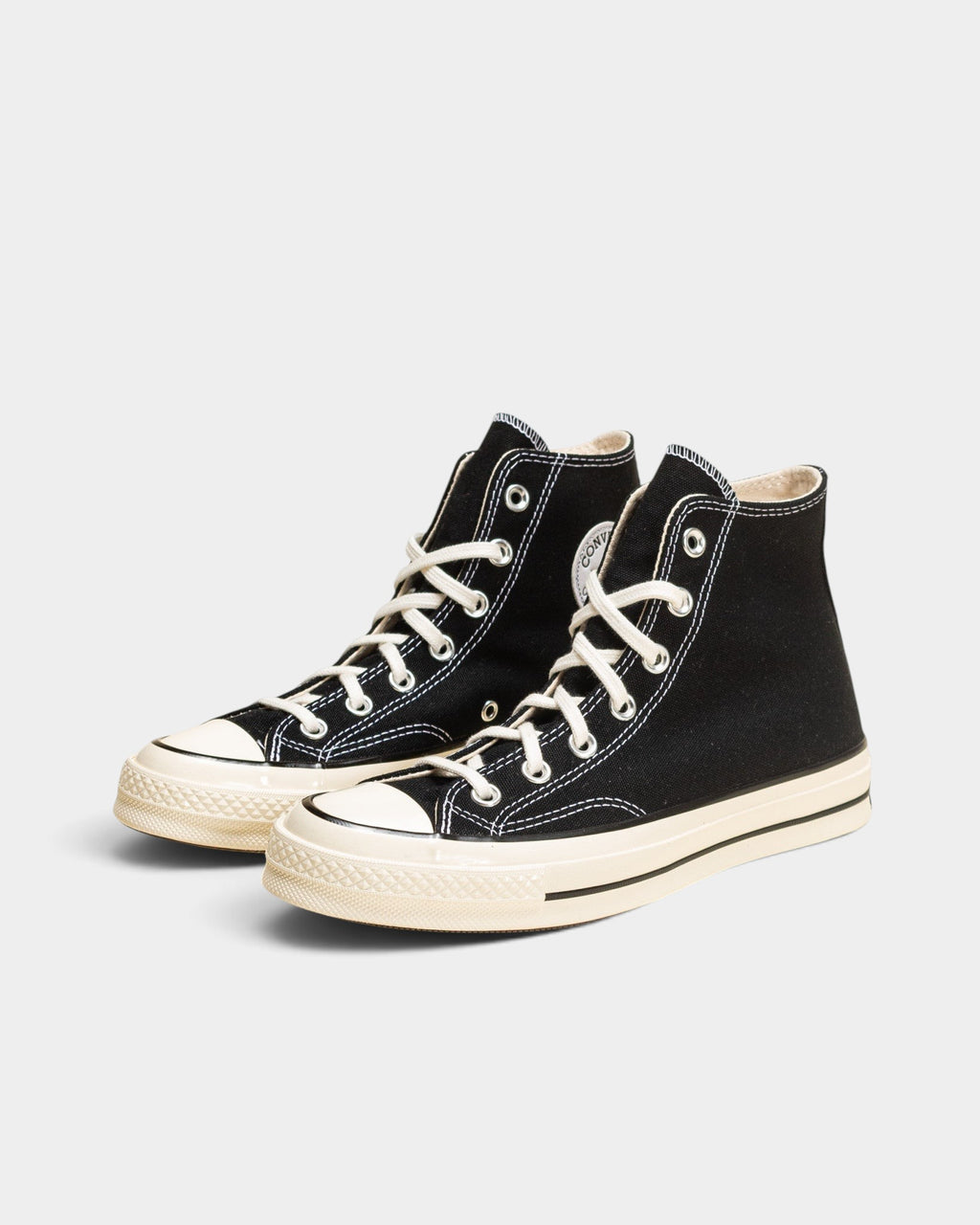 Lockwood Avenue Converse Chuck 70 Hi shoes in black canvas with an egret off-white midsole and rubber toe cap.