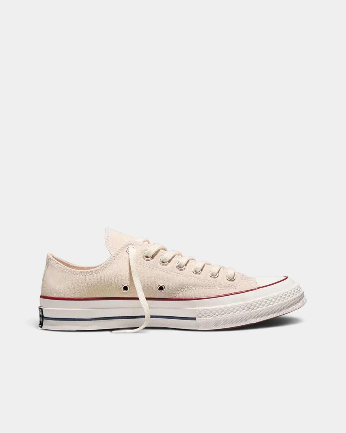 Lockwood Avenue Converse Chuck 70 low-top sneakers in parchment canvas with egret midsole and garnet trim