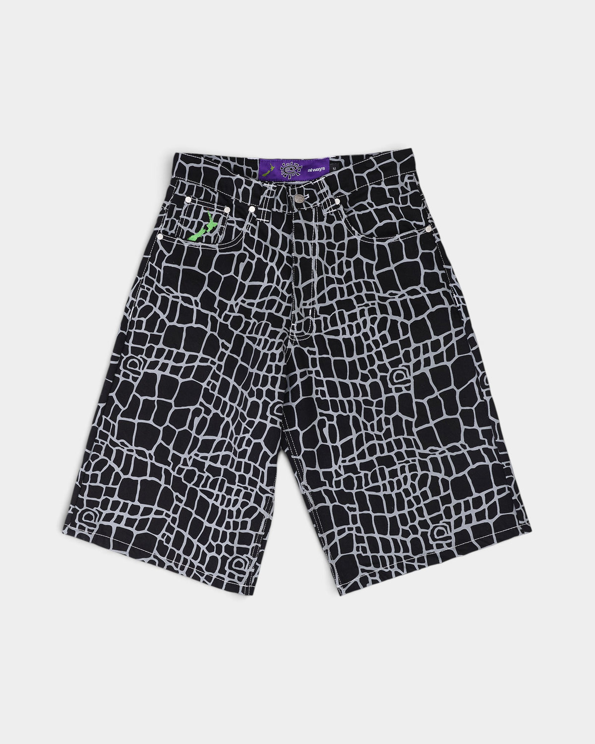 Lockwood Avenue always do what you should do black and grey cotton denim shorts with an allover crocodile skin print.