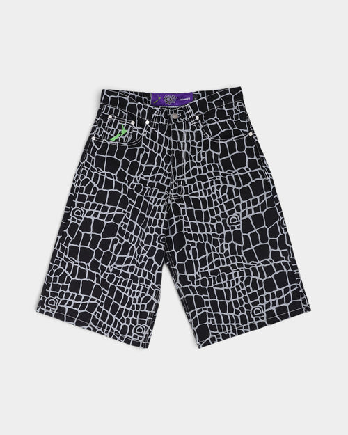 Lockwood Avenue always do what you should do black and grey cotton denim shorts with an allover crocodile skin print.