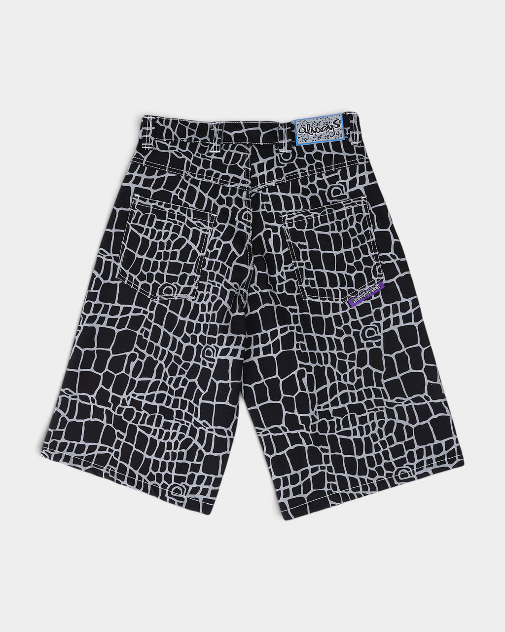 Lockwood Avenue always do what you should do black and grey cotton denim shorts with allover crocodile skin print