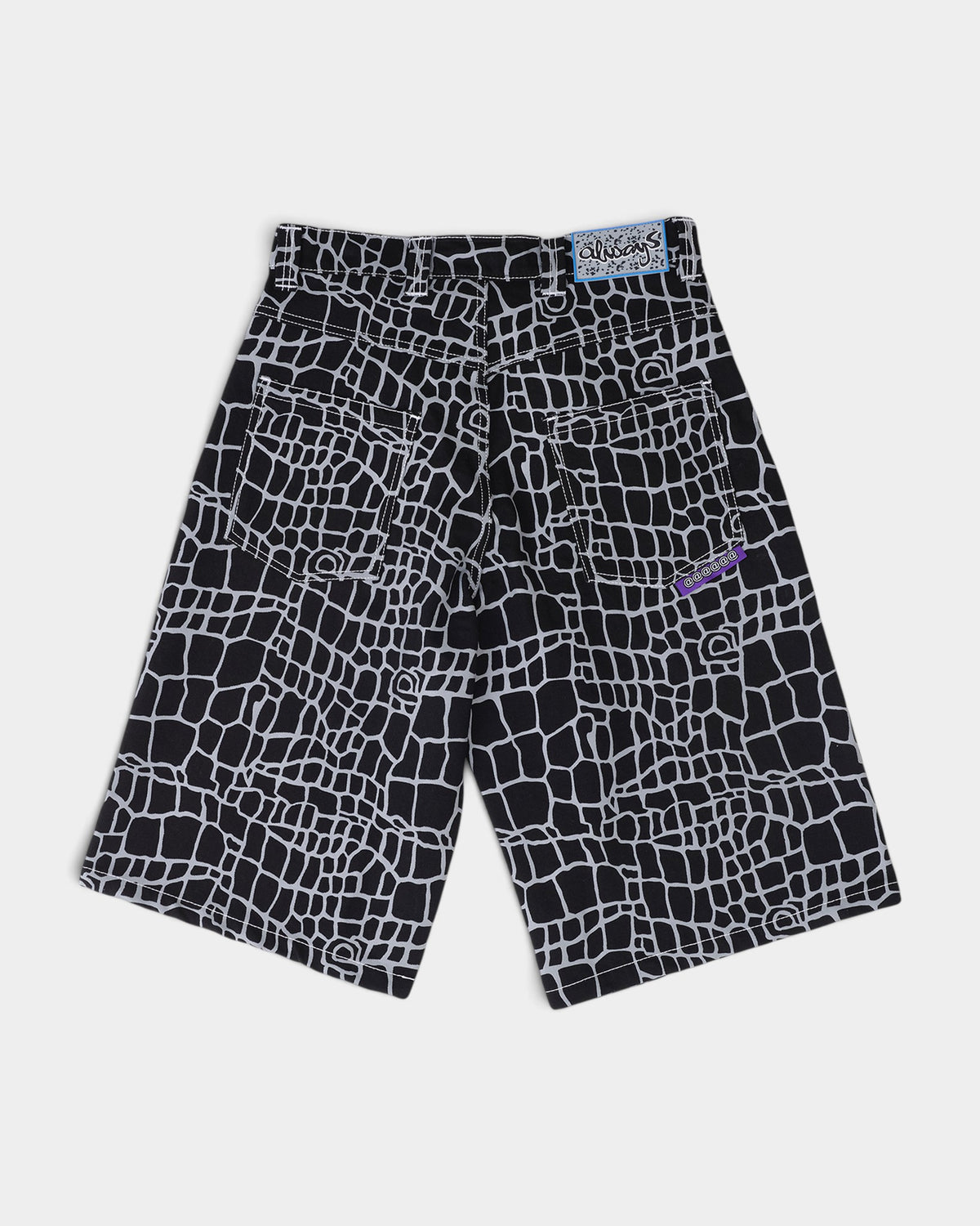 Lockwood Avenue always do what you should do black and grey cotton denim shorts with allover crocodile skin print