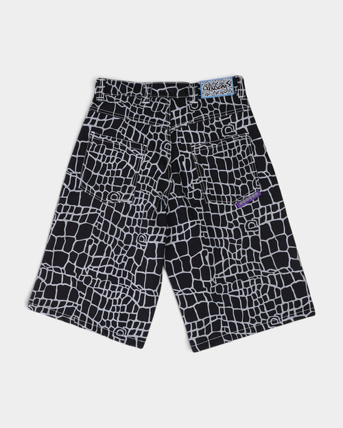 Lockwood Avenue always do what you should do black and grey cotton denim shorts with allover crocodile skin print