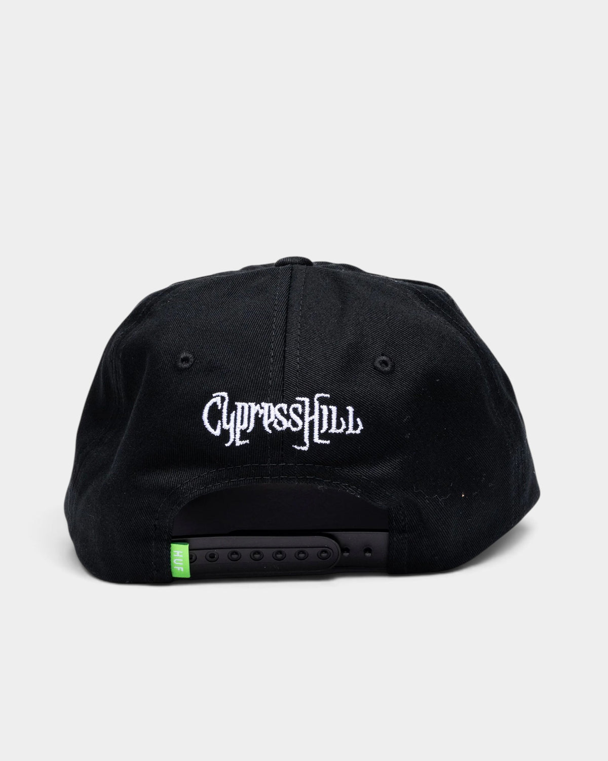 Lockwood Avenue black cotton twill snapback cap featuring white Cypress Hill embroidery on the back