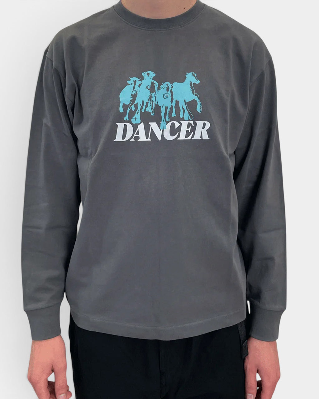 Lockwood Avenue Dancer Step Aside long-sleeve charcoal cotton t-shirt with blue graphic print and boxy fit